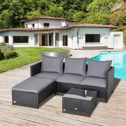 Outsunny Conjunto de Muebles de Jardín 4 Piezas Ratán Doble Sofá Mesa de Café Taburete con Cojines Acolchados para Exteriores Marco de Metal Negro