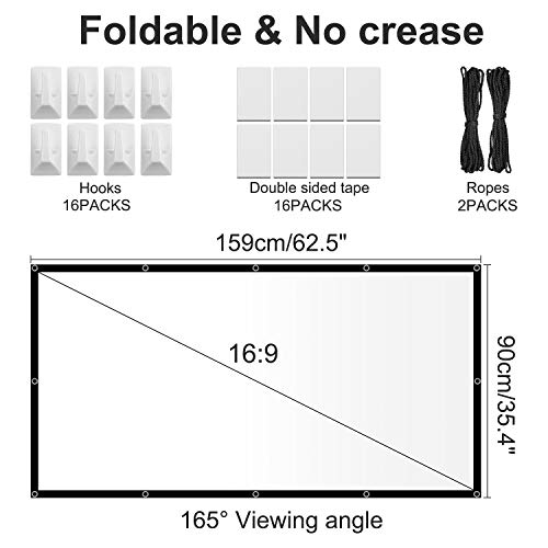 Pantalla para Proyector 72 pulgadas, 16:9 HD 4K plegable, sin pliegues, vídeo portátil, 70 Pantalla de proyector pequeños ojales de proyección para cine en casa al aire libre