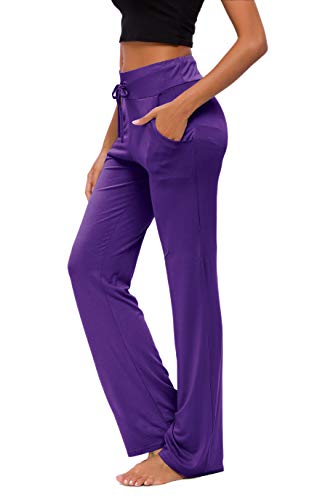 Pantalones De Yoga para Mujer con Bolsillos Cordón De Pierna Ancha Salón Recto Suelto Pantalones De Entrenamiento De Entrenamiento Pantalones De Chándal Casuales Activos (Dark Purple, L)