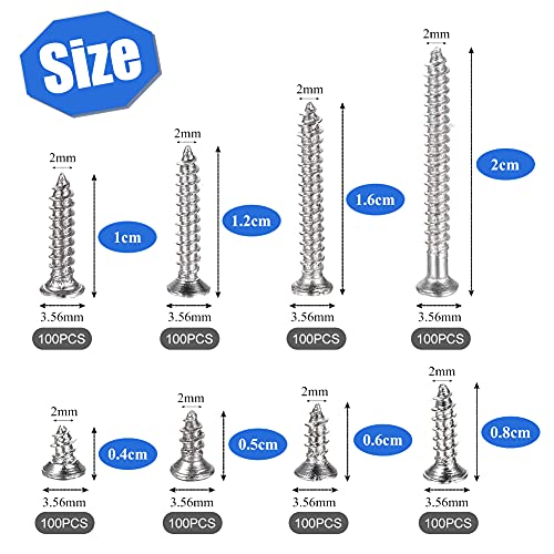 Paquete de tornillos Surtido de 800 tornillos autorroscantes M2 x 4 mm 5 mm 6 mm 8 mm 10 mm 12 mm 16 mm 20 mm Juego de tornillos de cabeza plana avellanada en cruz de acero al carbono niquelados