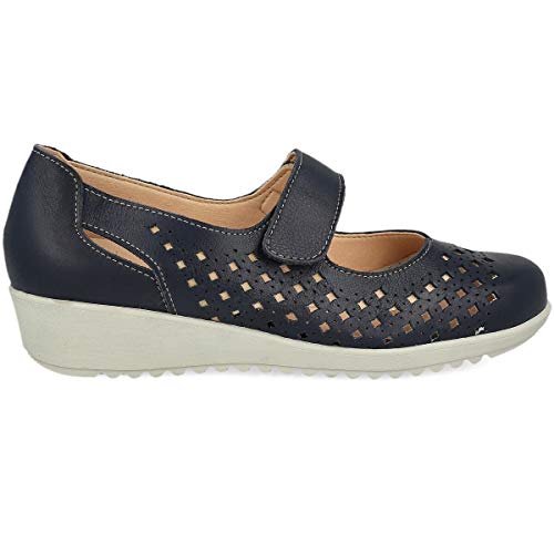 PAYMA - Zapatillas Deportivas Merceditas de Piel para Mujer. Zapatos Planos Casual Mercedita Blucher. Cierre Velcro. Piel Flexible. Máxima Comodidad. Color Champagne y Azul Marino.