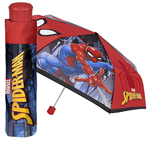 Perletti Marvel Spiderman - Paraguas plegable para Niño, Mini Paraguas resistente ligero y antiviento con El Hombre Araña, Rojo