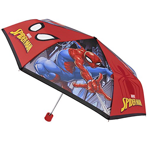 Perletti Marvel Spiderman - Paraguas plegable para Niño, Mini Paraguas resistente ligero y antiviento con El Hombre Araña, Rojo