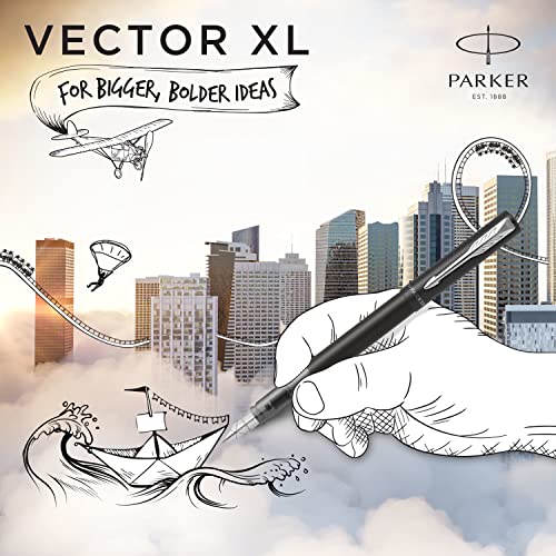 Pluma estilográfica Vector XL de plumín fino | Laca de color negro metálico sobre latón con detalle en cromo | Plumín fino con recambio de tinta azul | Estuche de regalo