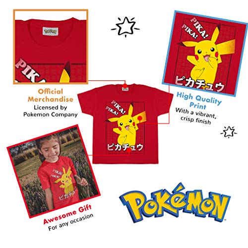 Popgear Pokemon Pikachu Pika Japanese Girls T-Shirt Red Camiseta, 7-8 Years Niñas