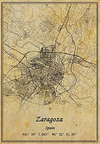 Póster de mapa de España Zaragoza para pared con impresión en lienzo, estilo vintage, sin marco, regalo de 60,9 x 90,6 cm