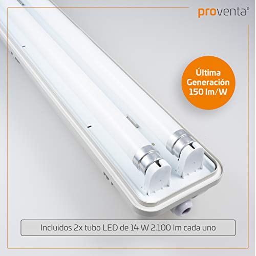 Proventa Pantalla estanca con 2 tubos LED 120 cm, 28W, 4.200 lúmenes, 4.000 K, IP65, 50.000 h, policarbonato IK08, libre de parpadeo, factor de potencia >0,9