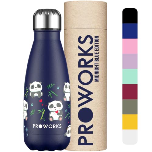 Proworks Botellas de Agua Deportiva de Acero Inoxidable | Cantimplora Termo con Doble Aislamiento para 12 Horas de Bebida Caliente y 24 Horas de Bebida Fría - 350ml - Fiesta Panda - Azul Medianoche