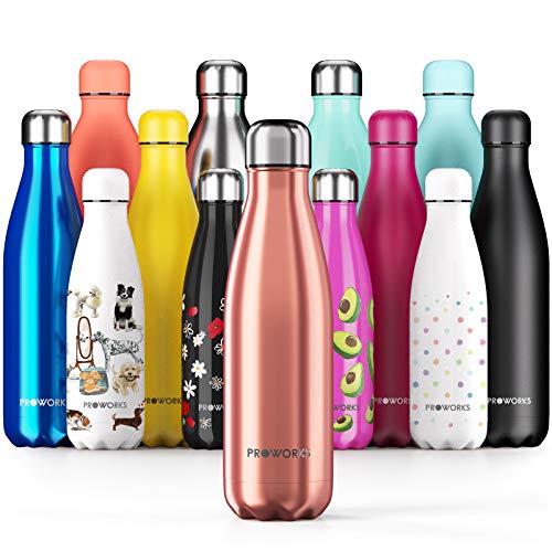 Proworks Botellas de Agua Deportiva de Acero Inoxidable | Cantimplora Termo con Doble Aislamiento para 12 Horas de Bebida Caliente y 24 Horas de Bebida Fría - Libre de BPA - 500ml – Cobre