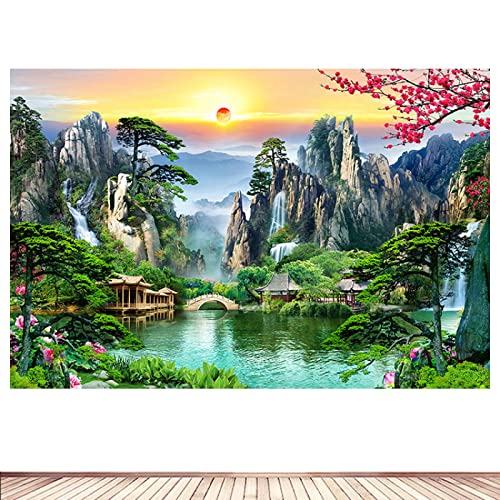 Puesta de Sol montaña Cascada Lienzo Pinturas Naturaleza póster Arte Impresiones Panorama Pintura impresión en Lienzo 45x65cm x1 Sin Marco