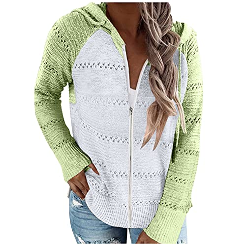 Qixiu Cárdigan de punto para mujer, estilo informal, con cremallera, chaqueta de punto con capucha, verde, L