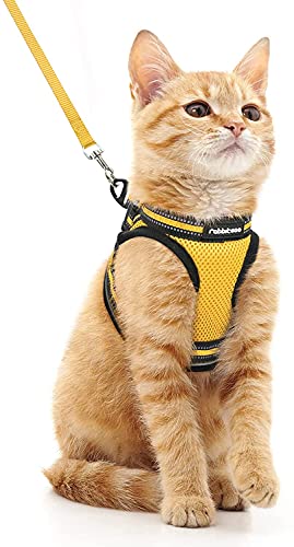 rabbitgoo Arnes Gatos y Correa 150cm Chaleco Ajustable Antitirones Reflectante Cómodo Correa Mágica para Fácil de Poner y Quitar para Paseo Diario Arnes para Perro Pequeño Conejos Gatos M Amarillo