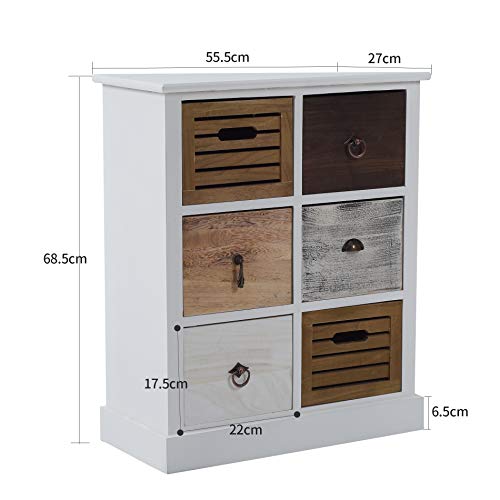 Rebecca Mobili Cajonera Mueble Baño 6 Cajones Madera Paulownia MDF Blanco Marrón Gris Beige Vintage Dormitorio Pasillo - 68 x 56 x 27 cm (A x AN x FON) - Art. RE4615