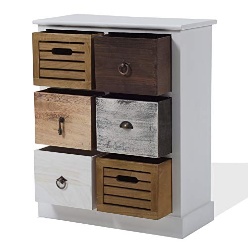 Rebecca Mobili Cajonera Mueble Baño 6 Cajones Madera Paulownia MDF Blanco Marrón Gris Beige Vintage Dormitorio Pasillo - 68 x 56 x 27 cm (A x AN x FON) - Art. RE4615