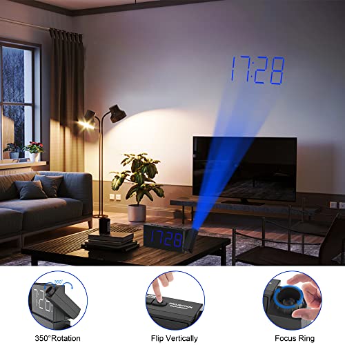 Reloj Despertador de Proyección Digital para Techo de Dormitorios, Reloj con Proyector, Atenuador y Pantalla LED, Timbre Ajustable, Alarmas Duales para Pared, Niños, Personas Mayores con Sueño Pesado