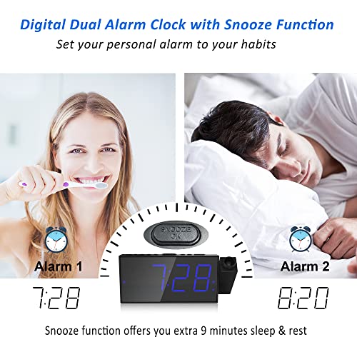 Reloj Despertador de Proyección Digital para Techo de Dormitorios, Reloj con Proyector, Atenuador y Pantalla LED, Timbre Ajustable, Alarmas Duales para Pared, Niños, Personas Mayores con Sueño Pesado