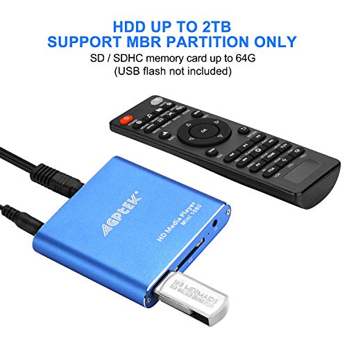 Reproductor Multimedia para TV,AGPTEK Mini Media Player HDMI con Control Remoto Soporta Unidad Flash USB Tarjeta SD/ SDHC Disco Duro Externo de 2TB para MKV / RM/ MP4 / AVI etc (Azul)