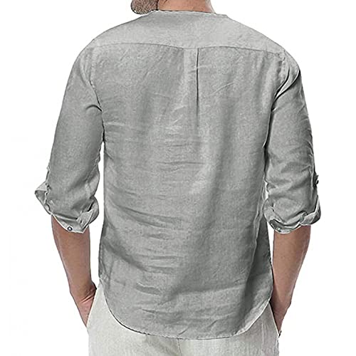 riou Camisa de Otoño para Hombre Camiseta de Algodón y Lino para Hombre, Camisa de Lino de Algodón de Teñido de Cuello Alto Transpirable para Hombre de Manga Largo