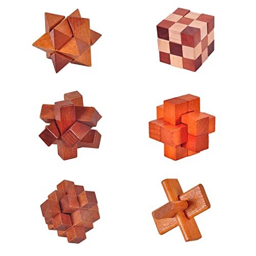 RoseFlower 6 Piezas Cubo Rompecabezas 3D de Madera, Rompecabezas de Lógica Juegos de Desafío Prueba de Inteligencia Entrelazados Inteligencia Juguetes para Niños y Adultos, Kongming Luban Lock