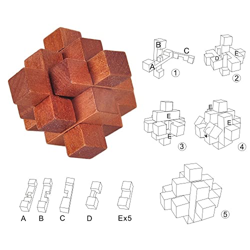 RoseFlower 6 Piezas Cubo Rompecabezas 3D de Madera, Rompecabezas de Lógica Juegos de Desafío Prueba de Inteligencia Entrelazados Inteligencia Juguetes para Niños y Adultos, Kongming Luban Lock