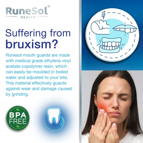 Runesol Ferula dental para bruxismo, 100% libre de BPA, Tecnología de fácil moldeado, Paquete de 8 protectores dentales en 2 tamaños, Protector dental para evitar el rechinamiento (8pk R/G)