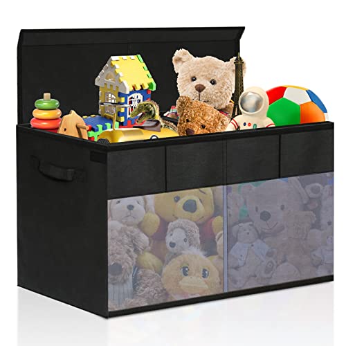 SAFETYONSHOP Caja almacenaje juguetes, 75*34*41cm caja de almacenamiento con tapa, Cubos de almacenaje con tapa almacenaje juguetes, plegable caja de tela con tapa para juguetes libros ropa, Negro