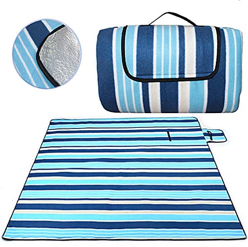 SaiXuan Manta de Picnic,Alfombra para Camping,Impermeable,Plegable,200x200cm XXL Manta de Picnic Manta para Playa Extra Grande Camping Plegable Impermeable con fácil Llevar (Rayas Azules)