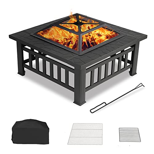 Sekey Brasero Exterior Jardin 3 en 1 Metal Fire Pit con Pantalla de Chispa Poker Parrilla para Quemar Madera Afuera del Jardín del Patio Trasero de la Terraza