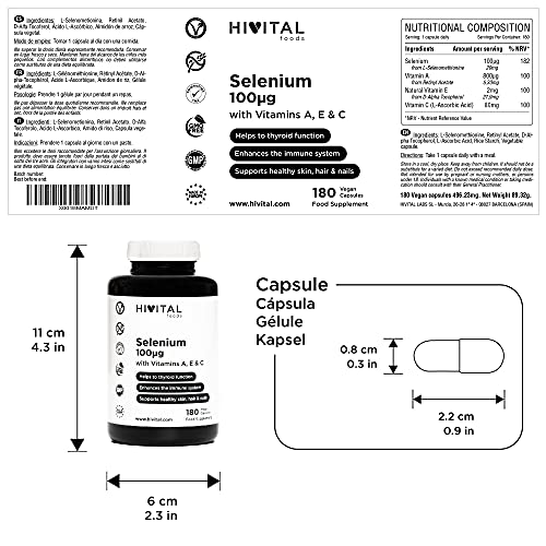 Selenio 100 mcg. 180 cápsulas veganas para 6 meses. L-Selenometionina activa con Vitaminas A, E y C. Libre de Levaduras. Para la función tiroidea, el sistema inmune y el cabello, piel y uñas