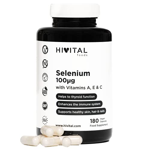 Selenio 100 mcg. 180 cápsulas veganas para 6 meses. L-Selenometionina activa con Vitaminas A, E y C. Libre de Levaduras. Para la función tiroidea, el sistema inmune y el cabello, piel y uñas