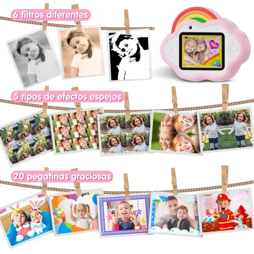 Selvim Cámara Digital para Niños, 1080P 2.4" Selfie Vídeo Cámara Infantil con Fíltro Interesante, con Tarjeta TF de 32GB, Música y Juego, Regalo para niños, Diseño Original de Nube Arco Iris, Rosa