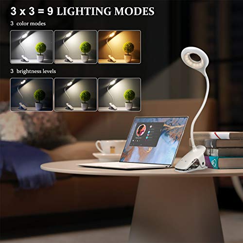 Semlos Clip Light con 3 Colores 3 Brillo, USB Alimentado o con Pilas Lámpara de Lectura Junto a la Cama, Mesa de Control Táctil Luz de Escritorio