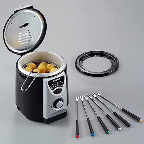 Severin 2408 Mini 2 en 1, Freidora, Incl. 6 Tenedores de Fondue, Cantidad de Fritura 200 g, 840 W, Plateado/Negro