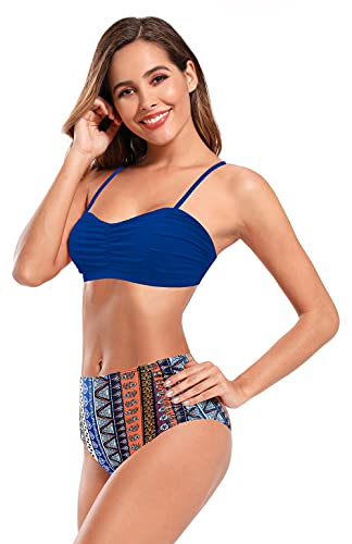 SHEKINI Mujer Bañador de Dos Piezas Correa de Hombro Ajustable Ruched Bandeau Top Retro Bikini Dos Piezas Elegante Traje de Baño Ruched Cintura Alta Parte Inferior del Bikini (Azul Real Y, XL)