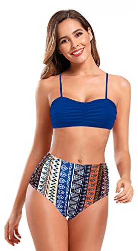 SHEKINI Mujer Bañador de Dos Piezas Correa de Hombro Ajustable Ruched Bandeau Top Retro Bikini Dos Piezas Elegante Traje de Baño Ruched Cintura Alta Parte Inferior del Bikini (Azul Real Y, XL)