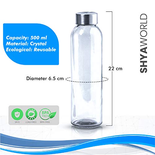 ShyaWorld Botella De Cristal para Agua Cuerpo de Acabado Transparente Tapón a Rosca en Acero Inoxidable. Cajas Individuales por Botella. (Azul, 500ml (5PCS))