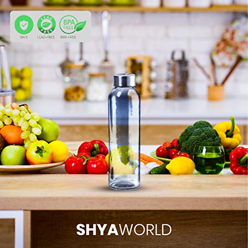 ShyaWorld Botella De Cristal para Agua Cuerpo de Acabado Transparente Tapón a Rosca en Acero Inoxidable. Cajas Individuales por Botella. (Azul, 500ml (5PCS))