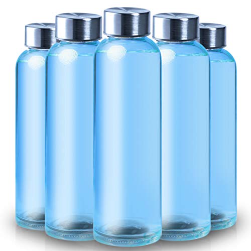 ShyaWorld Botella De Cristal para Agua Cuerpo de Acabado Transparente Tapón a Rosca en Acero Inoxidable. Cajas Individuales por Botella. (Azul, 500ml (5PCS))