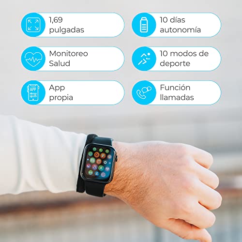 Smartwatch Ksix Urban 3, 1.69" IPS Full Touch, BT 5.2+BLE 3.0, 10 días, Monitoreo, 10 Modos Deporte, Sumergible, Negro