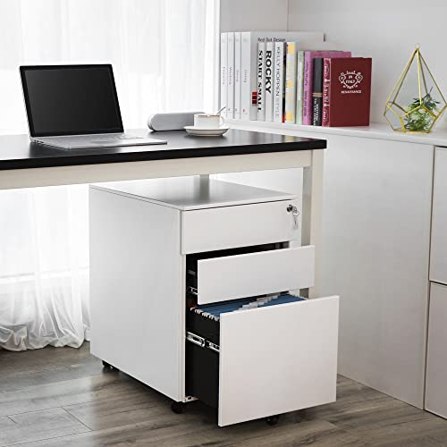 SONGMICS Mueble Archivador Metal con Cerradura Cómoda, Cajonera con Ruedas, 3 Cajones, para Oficina, 52 x 39 x 60 cm, Cuerpo del Armario Premontado, Blanco OFC60WT