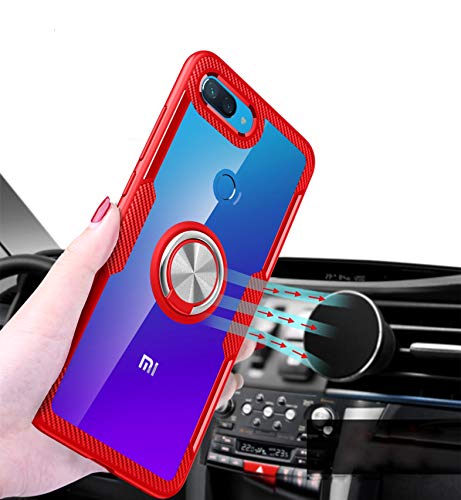 SORAKA Funda Transparente para Xiaomi Mi 8 Lite con Anillo,Funda Transparente Duro de la PC+Parachoques de Silicona,con Placa de Metal para Soporte Móvil Coche Magnético