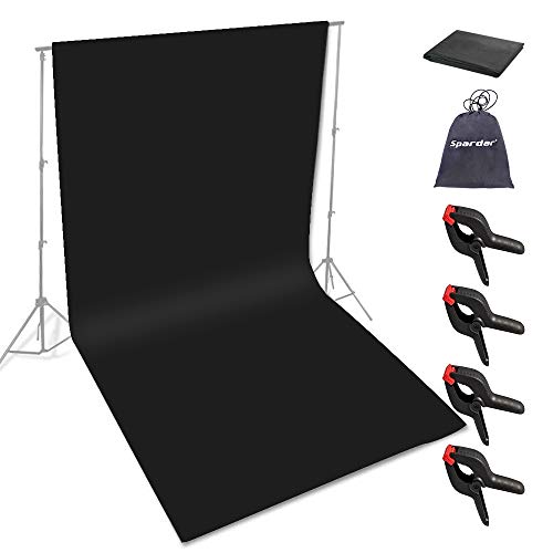 Spardar Pantalla Negro con 4 Abrazaderas, Telón de Fondo Fotográfico 1.8M X 2.8M Tela de Pantalla Negra 100% Algodón Puro Muselina Fondo de Estudio Fotográfico Plegable para Fotografía