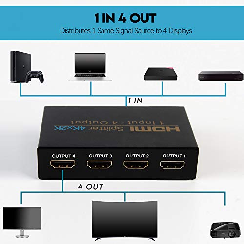 Splitter HDMI, 4 Salidas NIERBO HDMI Duplicator Compatible con 4K 3D 1080p 1 Entrada x 4 Salidas Distribuidor HDMI 1 x 4 para PS4 PS3 Xbox y más Dispositivos HDMI