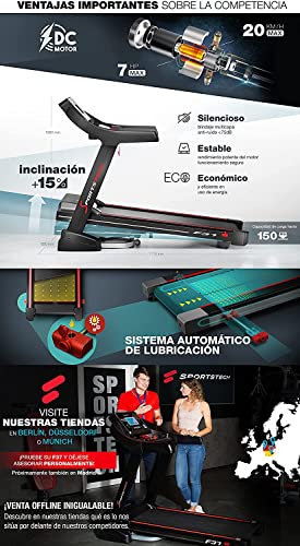 Sportstech F37 Cinta de Correr Plegable Profesional-Marca Alemana-Eventos de Video, Aplicación Multijugador, 12 Programas + TÜV/GS, Pulsómetro Incl, USB, AUX, Altavoces + Sistema Lubricación y 150 Max