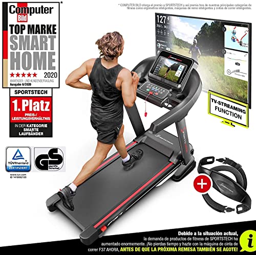 Sportstech F37 Cinta de Correr Plegable Profesional-Marca Alemana-Eventos de Video, Aplicación Multijugador, 12 Programas + TÜV/GS, Pulsómetro Incl, USB, AUX, Altavoces + Sistema Lubricación y 150 Max