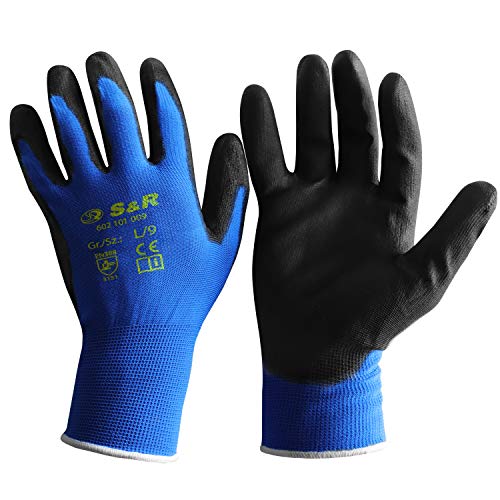 S&R Guantes de Trabajo de Fibra de poliéster con Recubrimiento de PU - 12 Pares - Talla XL/10