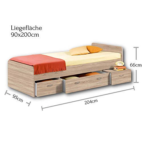 Stella Trading Boro Cama Individual Moderna con 3 cajones 90 x 200 cm-Práctica litera para Habitaciones Juveniles en Aspecto de Roble Sonoma, Engineered Wood, 95 x 66 x 204 cm