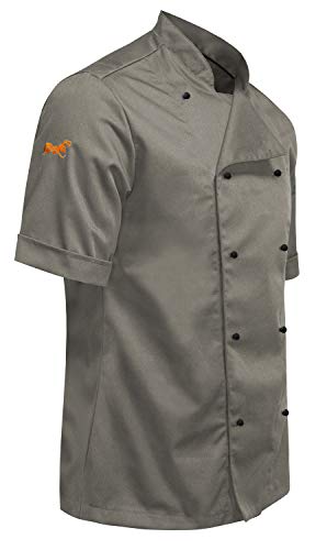 strongAnt Chaqueta de cocinero para hombre, manga corta, incluye botones de bola, easyClean, tejido protector, corte ajustado, uniforme de cocinero profesional, Oliva de cáñamo, L