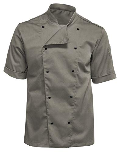 strongAnt Chaqueta de cocinero para hombre, manga corta, incluye botones de bola, easyClean, tejido protector, corte ajustado, uniforme de cocinero profesional, Oliva de cáñamo, L