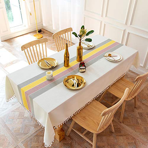 SUNBEAUTY Mantel Cuadrado Antimanchas 140x140 Algodon Lino con Borlas Mantel Elegante Tela Table Cloth Square Tablecloth para Mesa de Comedor